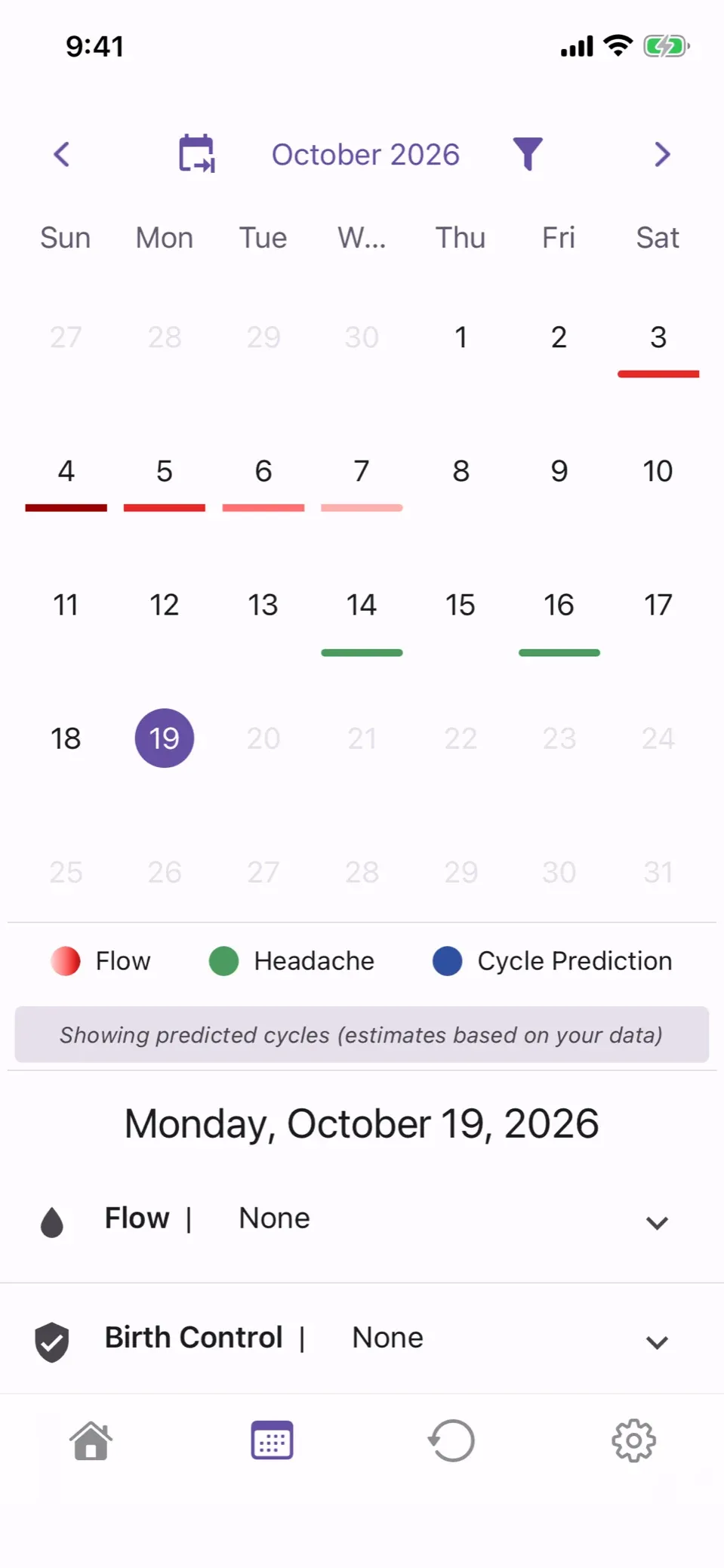 The October calendar with flow marked on the 3rd to the 7th and headaches on the 14th and 16th