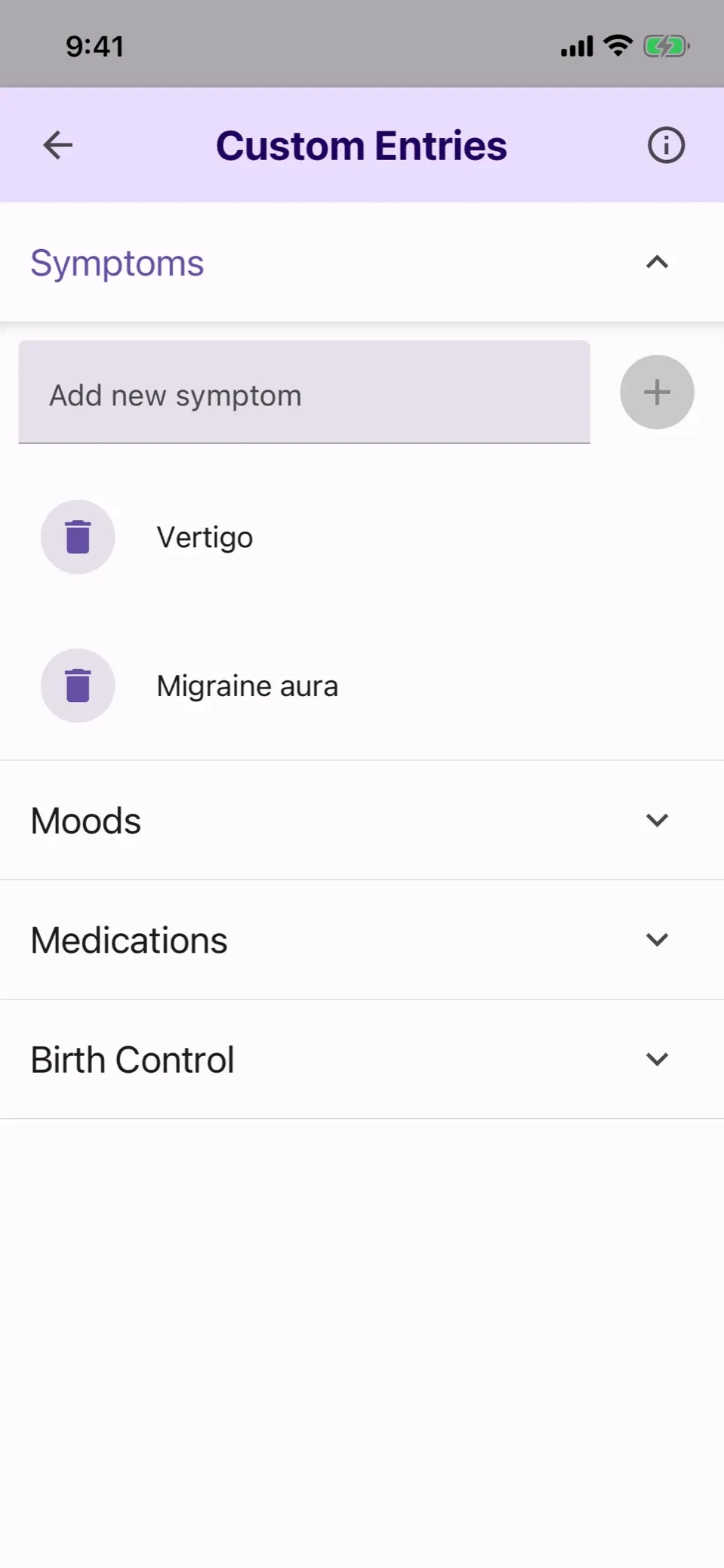 Custom Entries with two custom symptoms, Vertigo and Migraine aura