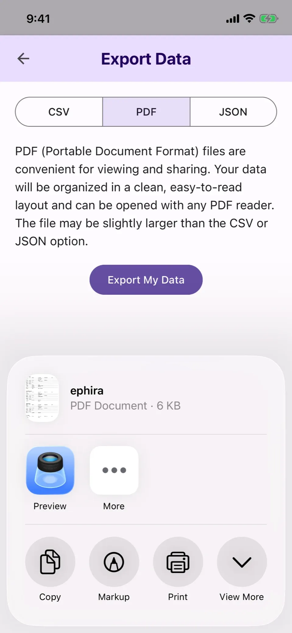 Exporting data as a PDF, with the share sheet open on a 6 KB file