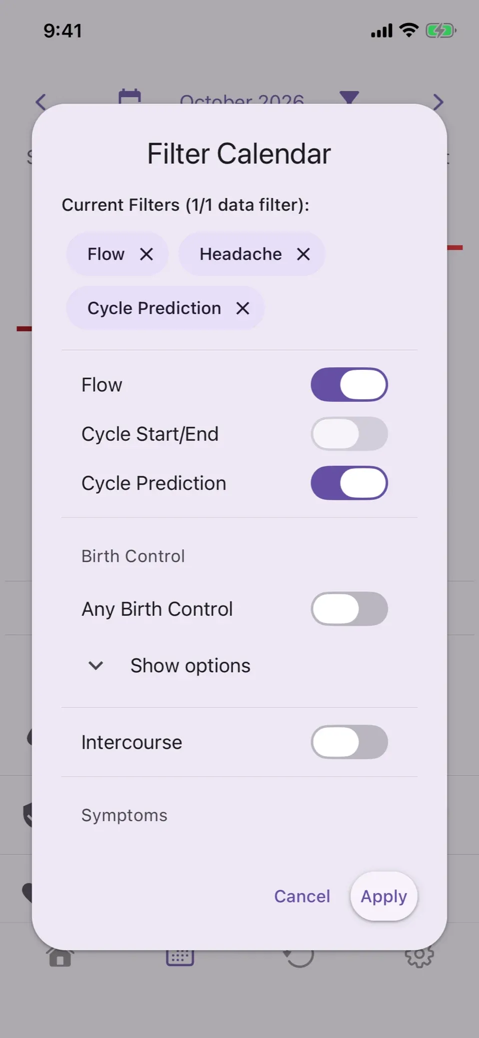 The Filter Calendar dialog with Flow, Headache and Cycle Prediction turned on