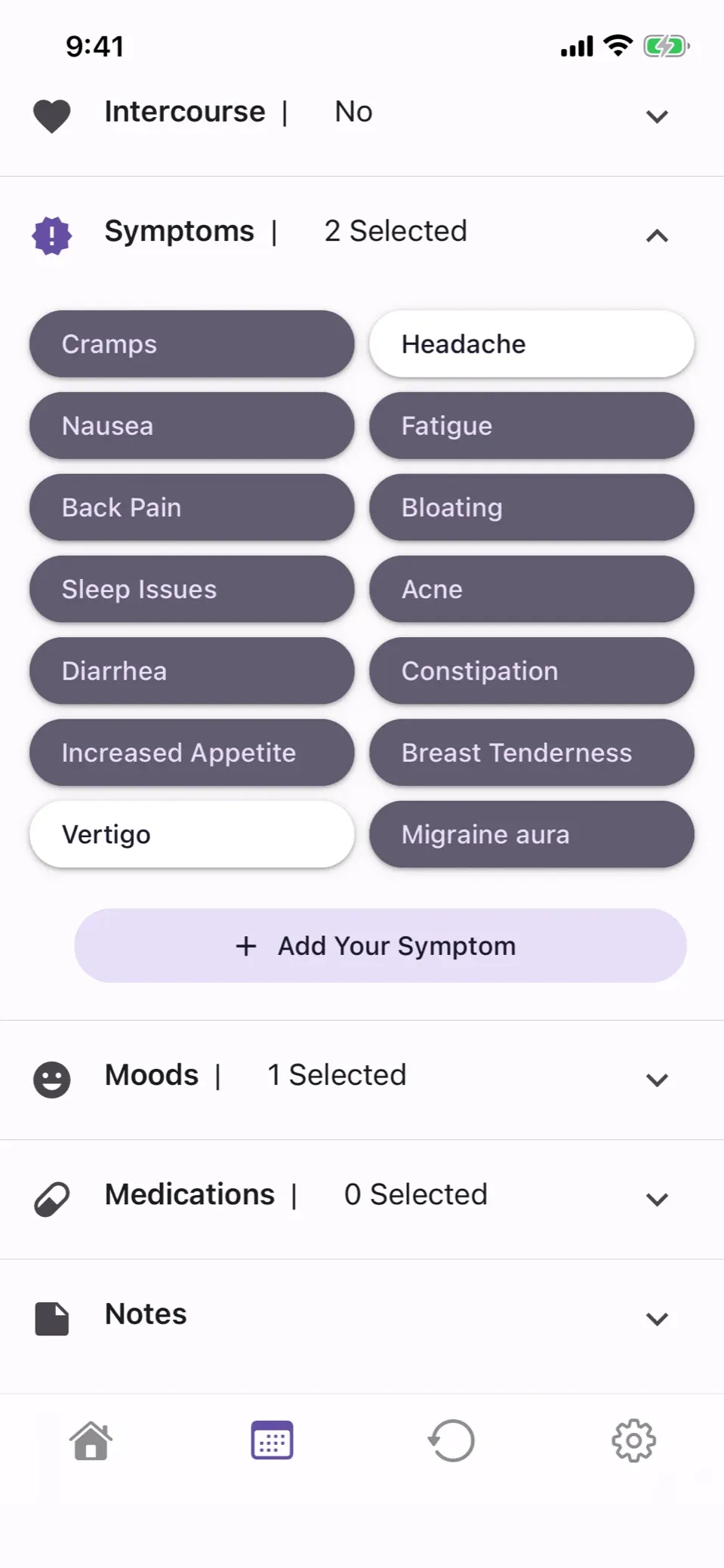 Logging a day: symptom chips with Headache and Vertigo selected